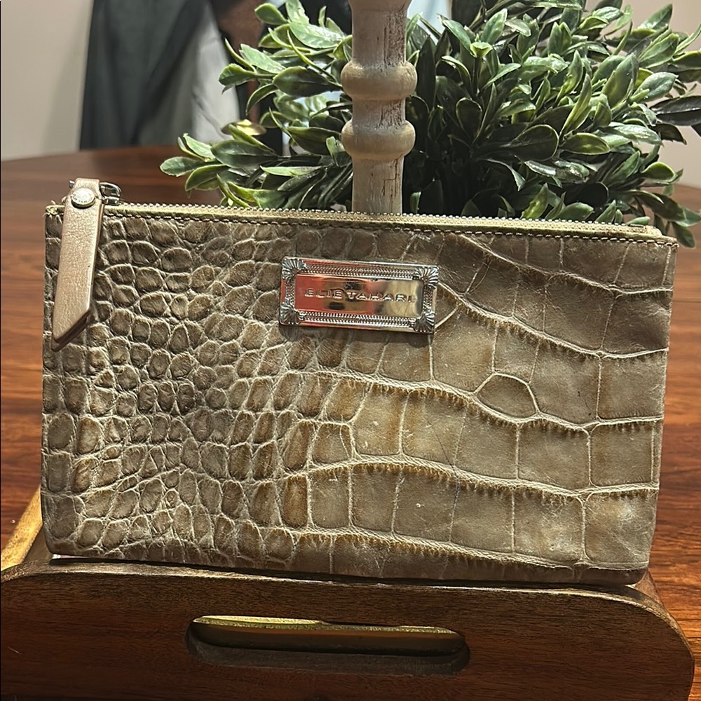 Elie Tahari Crocodile Embossed zipper Clutch Tan